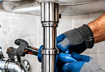 Plumber repairing pipes under a sink